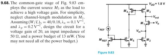 9.68. The common-gate stage of Fig. 9.83 employs the current source M3 as the load to achieve a high voltage gain. For simplicity, neglect channel-length modulation in M1. Assuming (W/L)3 = 40/0.18, λn = 0.1 V−1, and λp = 0.2 V−1, design the circuit for a voltage gain of 20, an input impedance of 50 Ω, and a power budget of 13 mW. (You may not need all of the power budget.) Figure 9.83