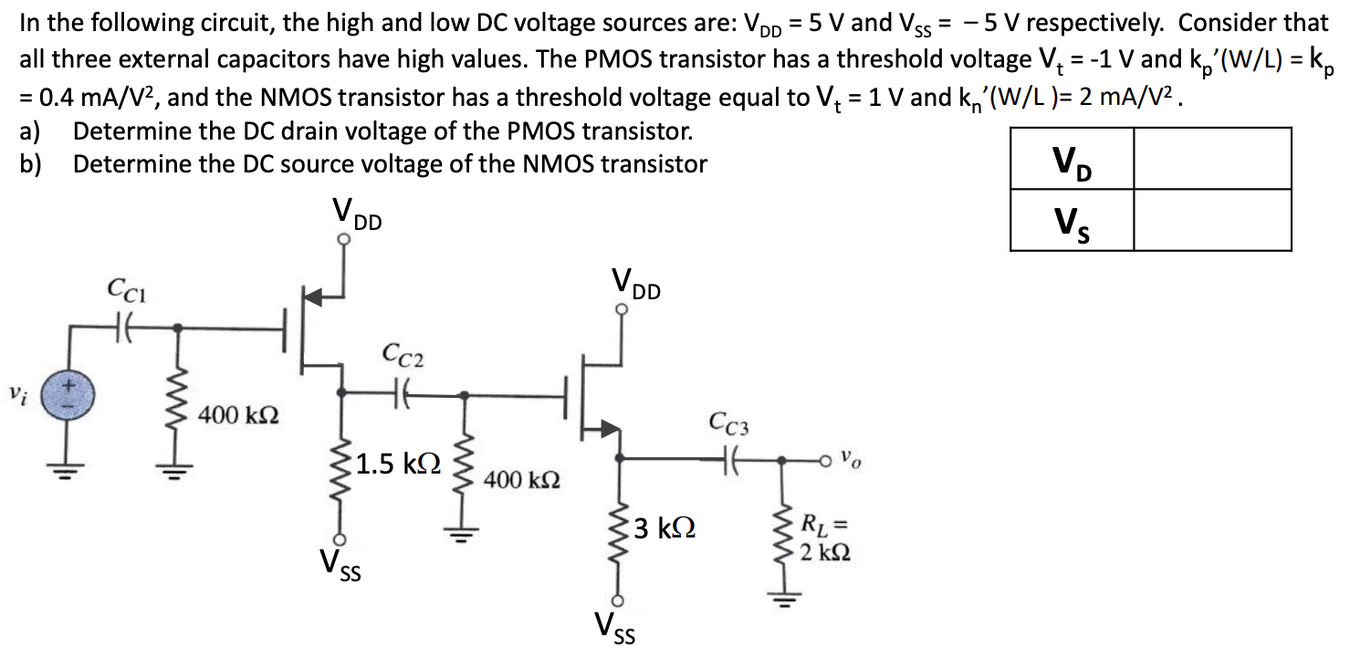 In the following circuit, the high and low DC voltage sources are: VDD = 5 V and VSS = −5 V respectively. Consider that all three external capacitors have high values. The PMOS transistor has a threshold voltage Vt = −1 V and kp′(W/L) = kp = 0.4 mA/V2, and the NMOS transistor has a threshold voltage equal to Vt = 1 V and kn′(W/L) = 2 mA/V2. a) Determine the DC drain voltage of the PMOS transistor. b) Determine the DC source voltage of the NMOS transistor