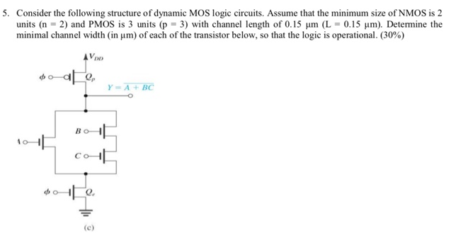 Consider the following structure of dynamic MOS logic circuits. Assume that the minimum size of NMOS is 2 units (n = 2) and PMOS is 3 units (p = 3) with channel length of 0.15 μm(L = 0.15 μm). Determine the minimal channel width (in μm) of each of the transistor below, so that the logic is operational. (30%)