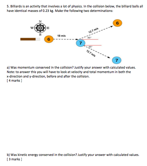 Billiards is an activity that involves a lot of physics. In the collision below, the billiard balls all have identical masses of 0.23 kg. Make the following two determinations: a) Was momentum conserved in the collision? Justify your answer with calculated values. Note: to answer this you will have to look at velocity and total momentum in both the x-direction and y-direction, before and after the collision. [4 marks] b) Was kinetic energy conserved in the collision? Justify your answer with calculated values. [3 marks]