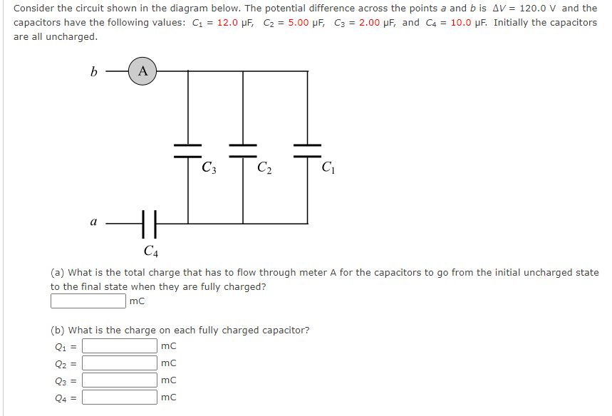 Consider the circuit shown in the diagram below. The potential difference across the points a and b is ΔV = 120.0 V and the capacitors have the following values: C1 = 12.0 μF, C2 = 5.00 μF, C3 = 2.00 μF, and C4 = 10.0 μF. Initially the capacitors are all uncharged. (a) What is the total charge that has to flow through meter A for the capacitors to go from the initial uncharged state to the final state when they are fully charged? mC (b) What is the charge on each fully charged capacitor? Q1 = mC Q2 = mC Q3 = mC Q4 = mC