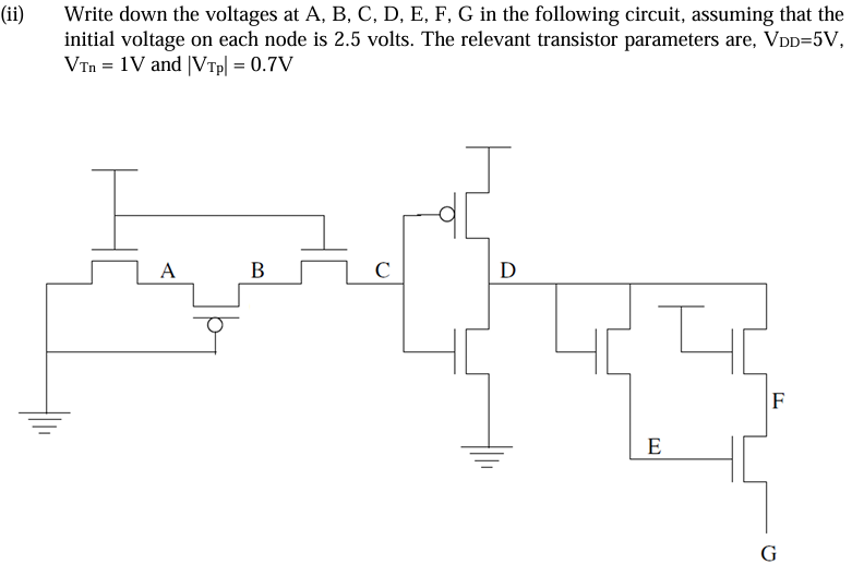 We observe that NFETs do not transmit a ‘1’ very well and PFETs do not transmit a ‘0’ very well because with VGS = VDD and VDS = VDD in an NFET, the Source terminal will charge up only until it reaches VDD-VTn because at higher voltages, the Gate-Source voltage difference is less than the Threshold Voltage VTn of the NFET causing it to ‘turn-off’ when the Source Terminal rises to within a VTn of VDD. Sketch the output voltage characteristic if the PFET and the NFET positions were swapped as shown below? i) Write down the voltages at A, B, C, D, E, F, G in the following circuit, assuming that the initial voltage on each node is 2.5 volts. The relevant transistor parameters are, VDD = 5 V, VTn = 1 V and ∣VTp∣ = 0.7 V