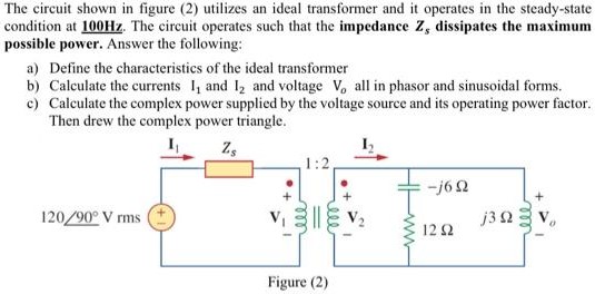 The circuit shown in figure (2) utilizes an ideal transformer and it operates in the steady-state condition at 100 Hz. The circuit operates such that the impedance Zs dissipates the maximum possible power. Answer the following: a) Define the characteristics of the ideal transformer b) Calculate the currents I1 and I2 and voltage Vo all in phasor and sinusoidal forms. c) Calculate the complex power supplied by the voltage source and its operating power factor. Then drew the complex power triangle.