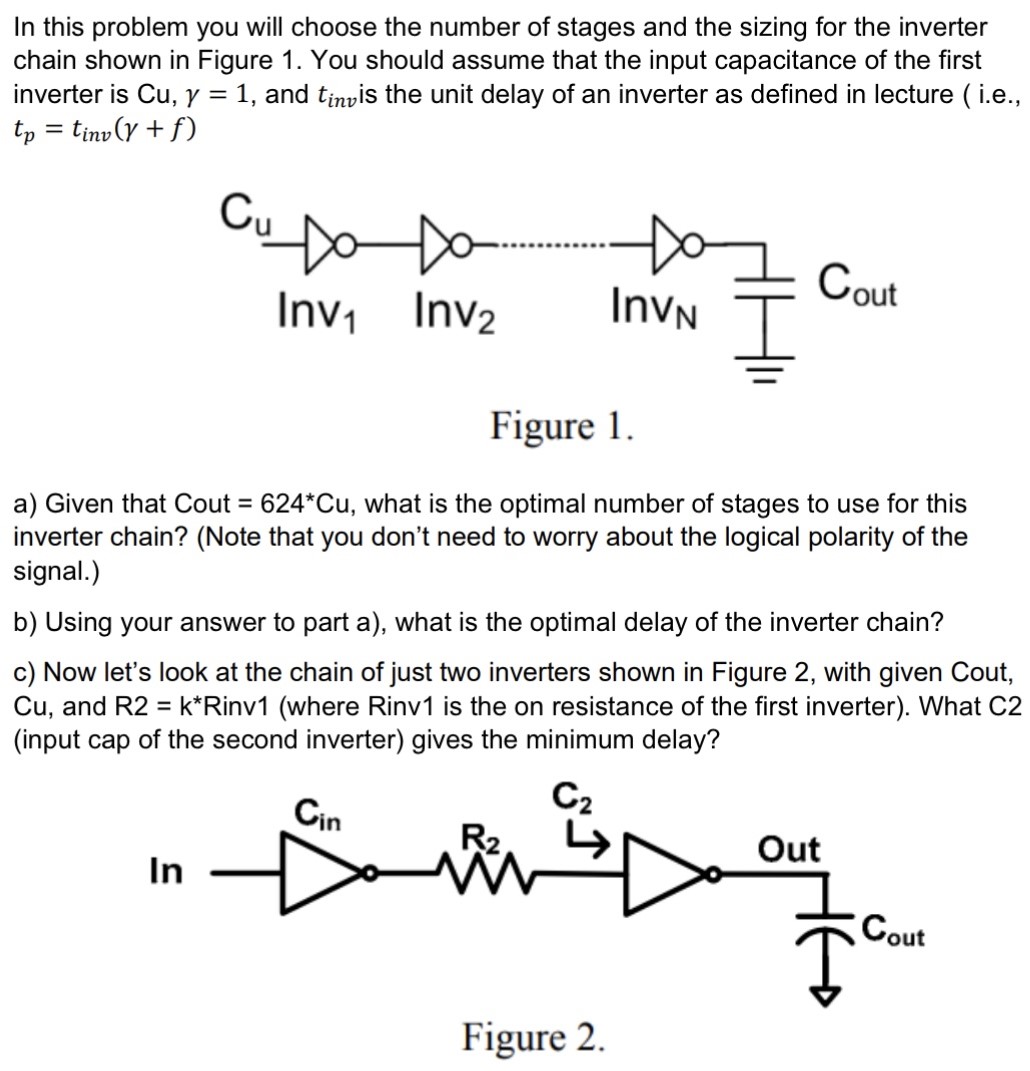 In this problem you will choose the number of stages and the sizing for the inverter chain shown in Figure 1. You should assume that the input capacitance of the first inverter is Cu, γ = 1, and tinv is the unit delay of an inverter as defined in lecture (i. e. , tp = tinv(γ + f) Figure 1. a) Given that Cout = 624∗Cu, what is the optimal number of stages to use for this inverter chain? (Note that you don't need to worry about the logical polarity of the signal. ) b) Using your answer to part a), what is the optimal delay of the inverter chain? c) Now let's look at the chain of just two inverters shown in Figure 2, with given Cout, Cu, and R2 = k∗Rinv1 (where Rinv1 is the on resistance of the first inverter). What C2 (input cap of the second inverter) gives the minimum delay? Figure 2.