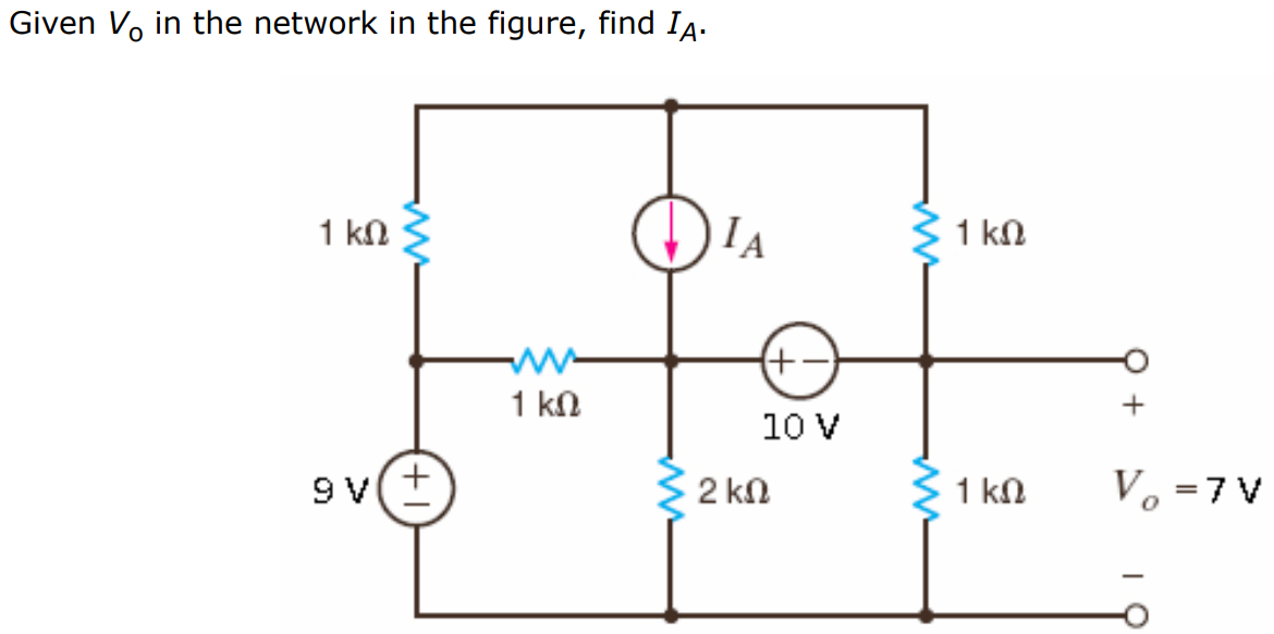 Given Vo in the network in the figure, find IA.