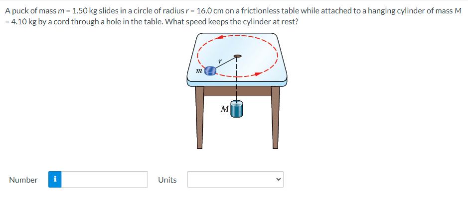 A puck of mass m = 1.50 kg slides in a circle of radius r = 16.0 cm on a frictionless table while attached to a hanging cylinder of mass M = 4.10 kg by a cord through a hole in the table. What speed keeps the cylinder at rest? Number Units