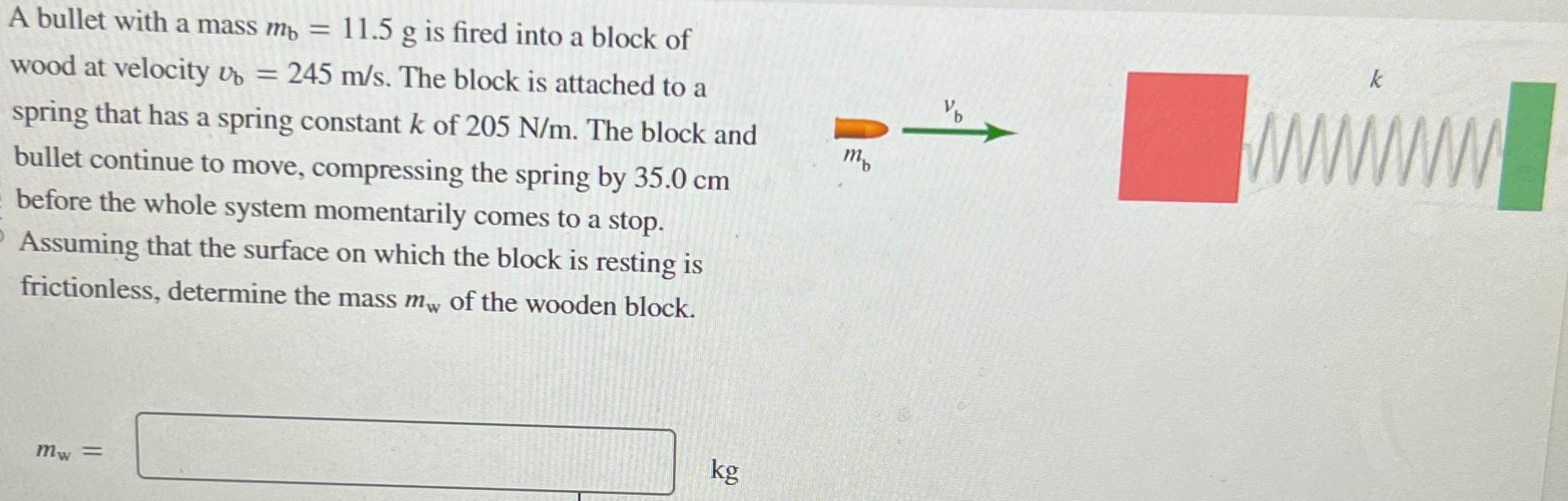 A bullet with a mass mb = 11.5 g is fired into a block of wood at velocity vb = 245 m/s. The block is attached to a spring that has a spring constant k of 205 N/m. The block and bullet continue to move, compressing the spring by 35.0 cm before the whole system momentarily comes to a stop. Assuming that the surface on which the block is resting is frictionless, determine the mass mw of the wooden block. mw = kg