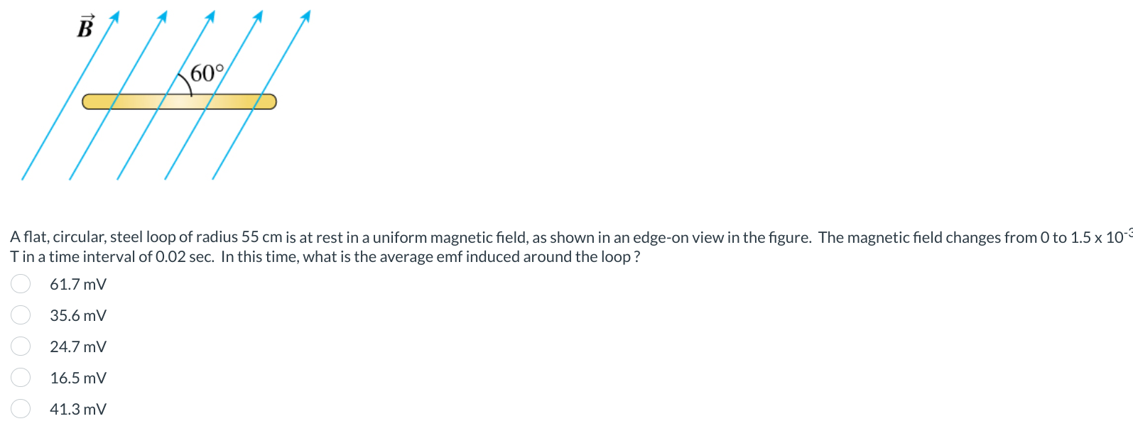 A flat, circular, steel loop of radius 55 cm is at rest in a uniform magnetic field, as shown in an edge-on view in the figure. The magnetic field changes from 0 to 1.5×10−3 T in a time interval of 0.02 sec. In this time, what is the average emf induced around the loop? 61.7 mV 35.6 mV 24.7 mV 16.5 mV 41.3 mV