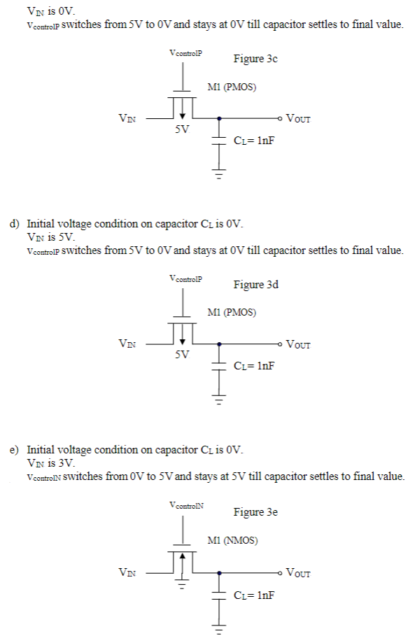 VN is 0 V. vcontrolP Switches from 5 V to 0 V and stays at 0 V till capacitor settles to final value. d) Initial voltage condition on capacitor CL is 0 V. VN is 5 V. VcontrolP switches from 5 V to 0 V and stays at 0 V till capacitor settles to final value. e) Initial voltage condition on capacitor CL is 0 V. VN is 3 V. VcontrolN switches from 0 V to 5 V and stays at 5 V till capacitor settles to final value. 