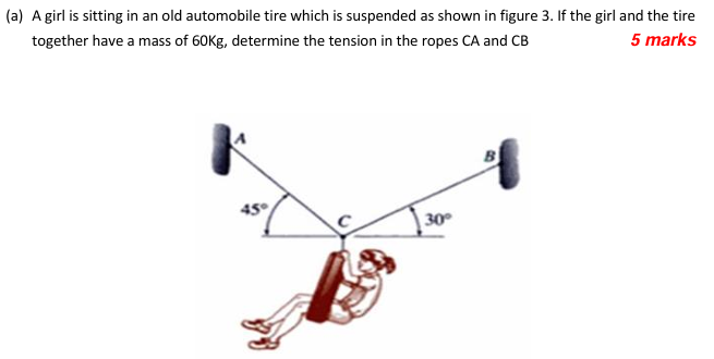 (a) A girl is sitting in an old automobile tire which is suspended as shown in figure 3. If the girl and the tire together have a mass of 60 Kg, determine the tension in the ropes CA and CB