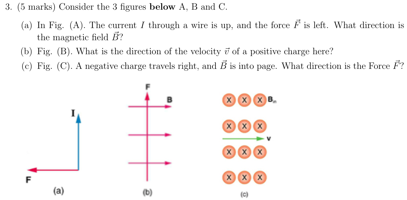 Consider the 3 figures below A, B and C. (a) In Fig. (A). The current I through a wire is up, and the force F→ is left. What direction is the magnetic field B→ ? (b) Fig. (B). What is the direction of the velocity v→ of a positive charge here? (c) Fig. (C). A negative charge travels right, and B→ is into page. What direction is the Force F→ ? (a) (b) (c)