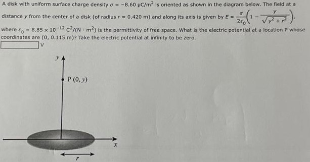 A disk with uniform surface charge density σ = −8.60 μC/m2 is oriented as shown in the diagram below. The field at a distance y from the center of a disk (of radius r = 0.420 m ) and along its axis is given by E = σ2 ε0(1−yy2+r2), where ε0 = 8.85×10−12 C2 /(N⋅m2) is the permittivity of free space. What is the electric potential at a location P whose coordinates are (0, 0.115 m) ? Take the electric potential at infinity to be zero. V 