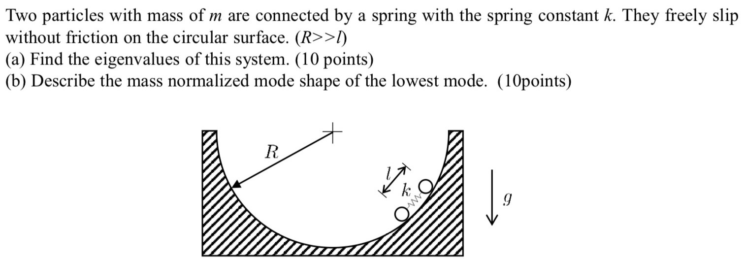 Two particles with mass of m are connected by a spring with the spring constant k. They freely slip without friction on the circular surface. (R >  > l) (a) Find the eigenvalues of this system. (10 points) (b) Describe the mass normalized mode shape of the lowest mode. (10 points)