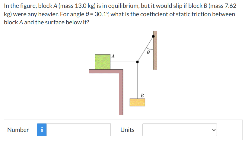 In the figure, block A (mass 13.0 kg) is in equilibrium, but it would slip if block B (mass 7.62 kg) were any heavier. For angle θ = 30.1∘, what is the coefficient of static friction between block A and the surface below it? Number Units