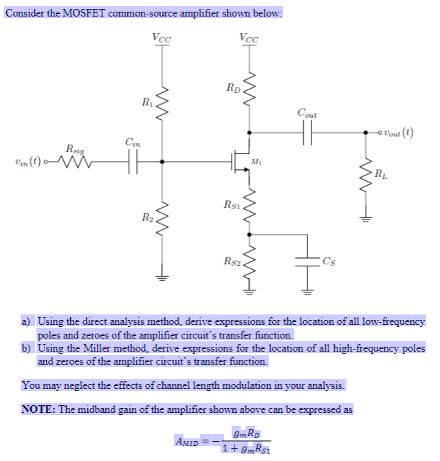 Consider the MOSFET common-source amplifier shown below: a) Using the direct analysis method, derive expressions for the location of all low-frequency poles and zeroes of the amplifier circuit's transfer function. b) Using the Miller method, derive expressions for the location of all high-frequency poles and zeroes of the amplifier circuit's transfer function. You may neglect the effects of channel length modulation in your analysis. NOTE: The midband gain of the amplifier shown above can be expressed as AMID = −gmRD 1+gmRS1