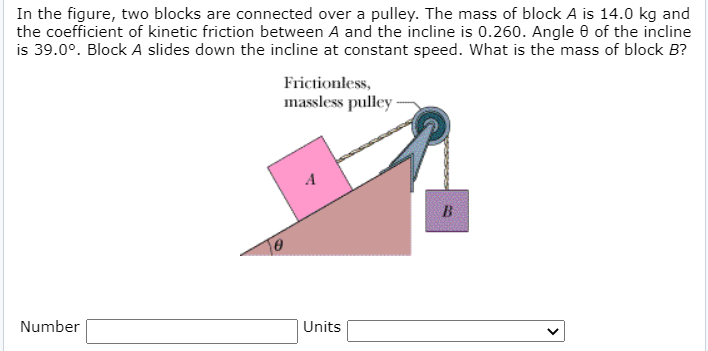 In the figure, two blocks are connected over a pulley. The mass of block A is 14.0 kg and the coefficient of kinetic friction between A and the incline is 0.260. Angle θ of the incline is 39.0∘. Block A slides down the incline at constant speed. What is the mass of block B? Number Units