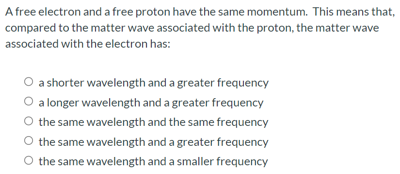 A free electron and a free proton have the same momentum. This means that, compared to the matter wave associated with the proton, the matter wave associated with the electron has: a shorter wavelength and a greater frequency a longer wavelength and a greater frequency the same wavelength and the same frequency the same wavelength and a greater frequency the same wavelength and a smaller frequency