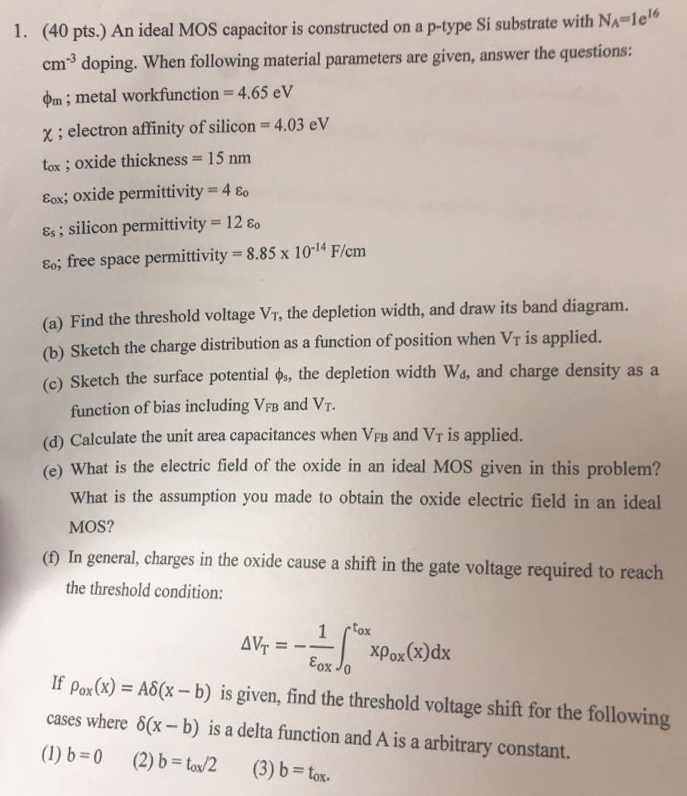 An ideal MOS capacitor is constructed on a p-type Si substrate with NA = 1 e16 cm−3 doping. When following material parameters are given, answer the questions: ϕm; metal work function = 4.65 eV χ; electron affinity of silicon = 4.03 eV tox ; oxide thickness = 15 nm εox; oxide permittivity = 4 ε0 εs; silicon permittivity = 12 ε0 ε0; free space permittivity = 8.85×10−14 F/cm (a) Find the threshold voltage VT, the depletion width, and draw its band diagram. (b) Sketch the charge distribution as a function of position when VT is applied. (c) Sketch the surface potential ϕs, the depletion width Wd, and charge density as a function of bias including VFB and VT. (d) Calculate the unit area capacitances when VFB and VT is applied. (e) What is the electric field of the oxide in an ideal MOS given in this problem? What is the assumption you made to obtain the oxide electric field in an ideal MOS? (f) In general, charges in the oxide cause a shift in the gate voltage required to reach the threshold condition: ΔVT = −1 εox∫0 tox xρox(x)dx If ρox(x) = Aδ(x−b) is given, find the threshold voltage shift for the following cases where δ(x−b) is a delta function and A is a arbitrary constant. (1) b = 0 (2) b = tox/2 (3) b = tox