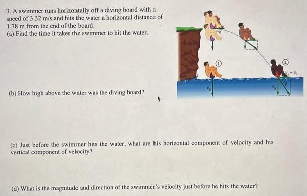 A swimmer runs horizontally off a diving board with a speed of 3.32 m/s and hits the water a horizontal distance of 1.78 m from the end of the board. (a) Find the time it takes the swimmer to hit the water. (b) How high above the water was the diving board? (c) Just before the swimmer hits the water, what are his horizontal component of velocity and his vertical component of velocity? (d) What is the magnitude and direction of the swimmer's velocity just before he hits the water?