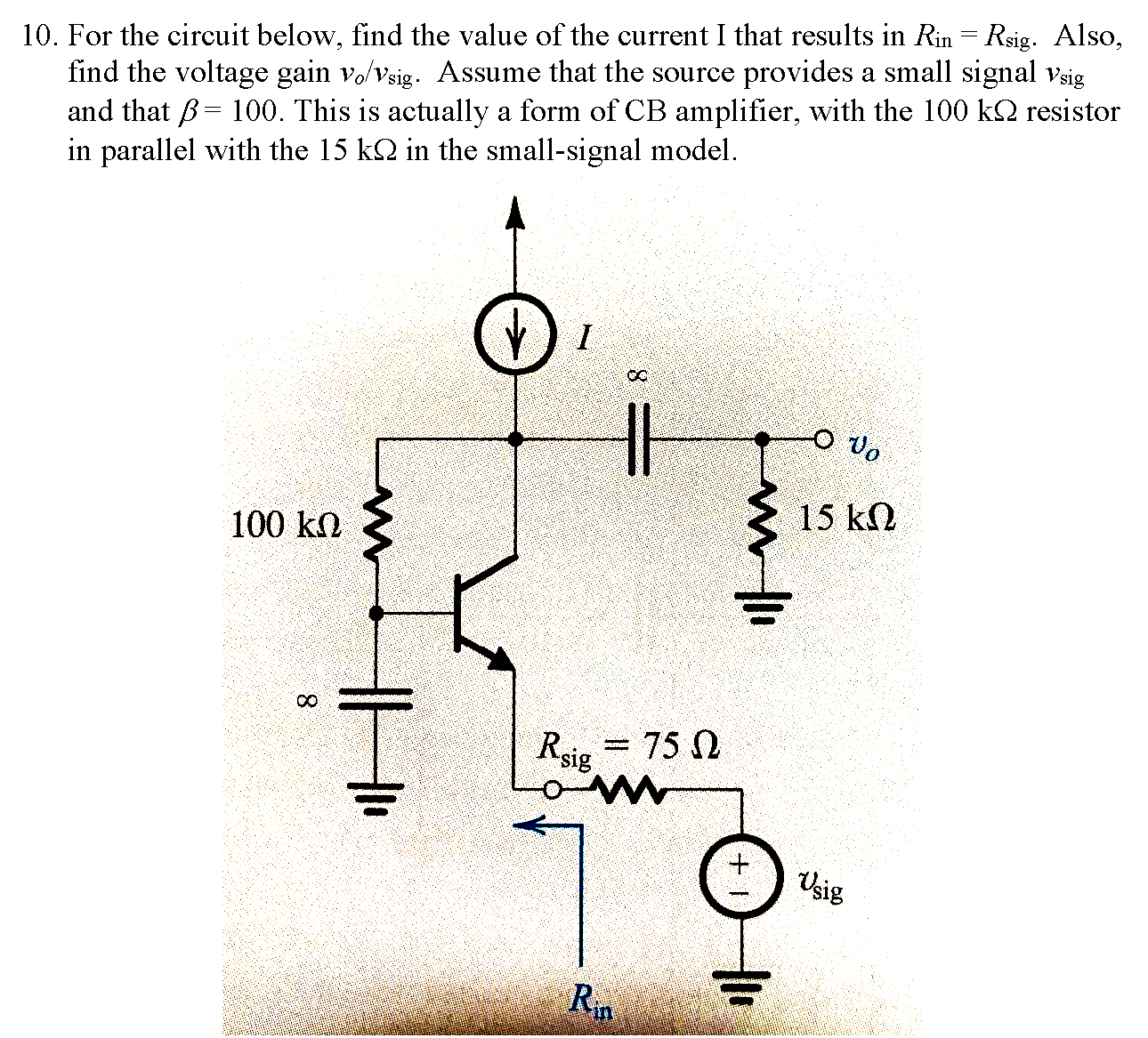 For the circuit below, find the value of the current I that results in Rin = Rsig. . Also, find the voltage gain vo/vsig . Assume that the source provides a small signal vsig and that β = 100. This is actually a form of CB amplifier, with the 100 kΩ resistor in parallel with the 15 kΩ in the small-signal model.