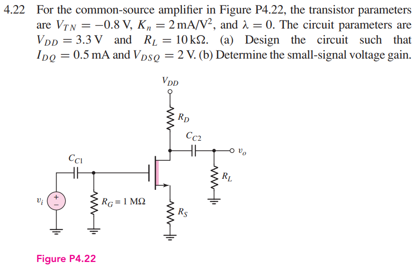 4.22 For the common-source amplifier in Figure P4.22, the transistor parameters are VTN = −0.8 V, Kn = 2 mA/V2, and λ = 0. The circuit parameters are VDD = 3.3 V and RL = 10 kΩ. (a) Design the circuit such that IDQ = 0.5 mA and VDSQ = 2 V. (b) Determine the small-signal voltage gain. Figure P4.22