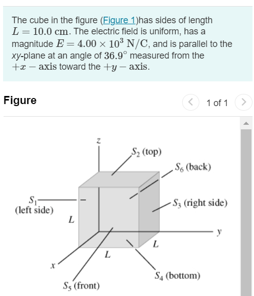 The cube in the figure (Figure 1) has sides of length L = 10.0 cm. The electric field is uniform, has a magnitude E = 4.00×10 3 N/C, and is parallel to the xy-plane at an angle of 36.9∘ measured from the +x - axis toward the +y - axis. Figure 1 of 1 Part A What is the electric flux through the cube face S1? AΣϕ Φ1 = N⋅m2/C? Submit Request Answer Part B What is the electric flux through the cube face S2? Aϕ ? Φ2 = N⋅m2/C Submit Request Answer Part C What is the electric flux through the cube face S3? AΣϕ Φ3 = N⋅m2/C? Submit Request Answer Part D What is the electric flux through the cube face S4? AΣϕ Φ4 = N⋅m2/C? Submit Request Answer Part E What is the electric flux through the cube face S5? AΣϕ Φ5 = N⋅m2/C Submit Request Answer Part F What is the electric flux through the cube face S6? AΣϕ Φ6 = N⋅m2/C Submit Request Answer Part G What is the total electric flux through all faces of the cube? AΣϕ Φtotal = N⋅m2/C Submit Request Answer 