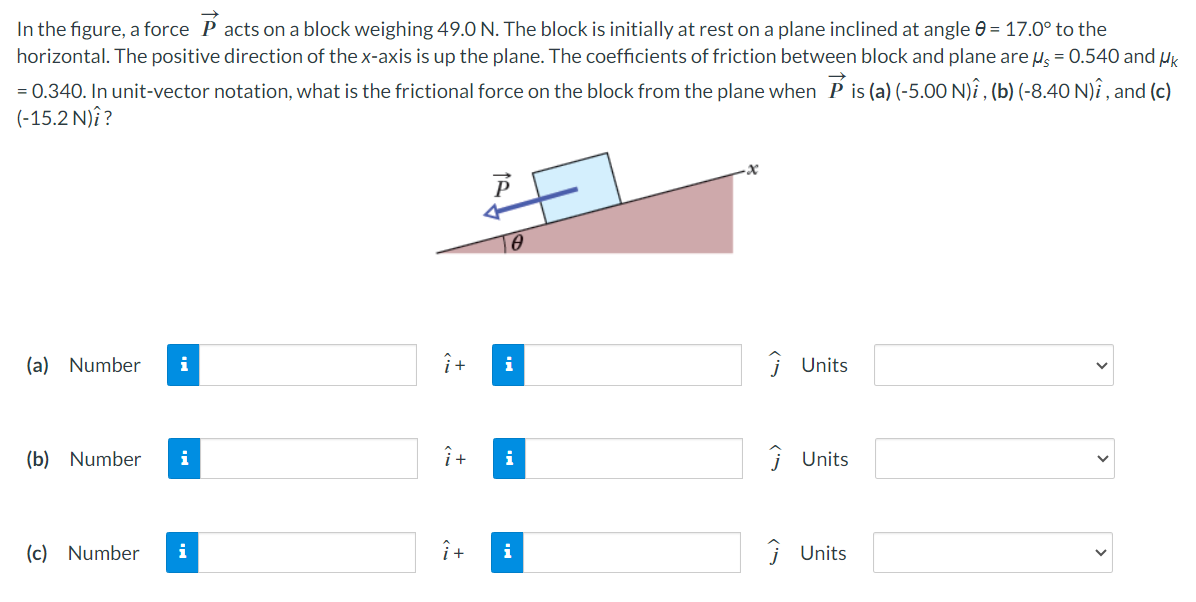 In the figure, a force P→ acts on a block weighing 49.0 N. The block is initially at rest on a plane inclined at angle θ = 17.0∘ to the horizontal. The positive direction of the x-axis is up the plane. The coefficients of friction between block and plane are μs = 0.540 and μk = 0.340. In unit-vector notation, what is the frictional force on the block from the plane when P→ is (a) (-5.00 N) i^, (b) (-8.40 N) i^, and (c) (−15.2 N)i^?