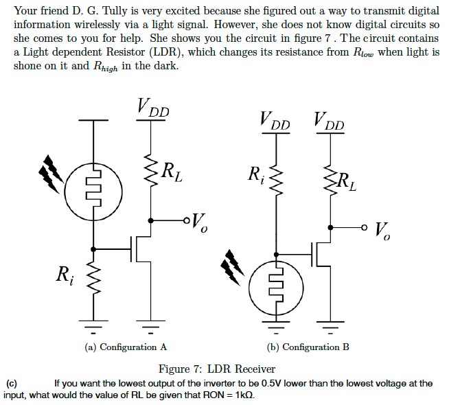 Your friend D. G. Tully is very excited because she figured out a way to transmit digital information wirelessly via a light signal. However, she does not know digital circuits so she comes to you for help. She shows you the circuit in figure 7. The circuit contains a Light dependent Resistor (LDR), which changes its resistance from Rlow when light is shone on it and Rhigh in the dark. (a) Configuration A (b) Configuration B Figure 7: LDR Receiver (c) If you want the lowest output of the inverter to be 0.5 V lower than the lowest voltage at the input, what would the value of RL be given that RON = 1kΩ.