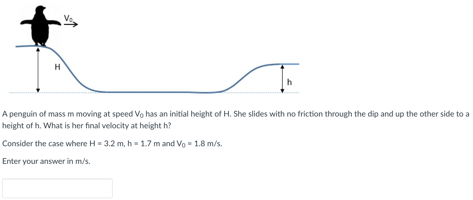 A penguin of mass m moving at speed V0 has an initial height of H. She slides with no friction through the dip and up the other side to a height of h. What is her final velocity at height h? Consider the case where H = 3.2 m, h = 1.7 m and V0 = 1.8 m/s. Enter your answer in m/s.