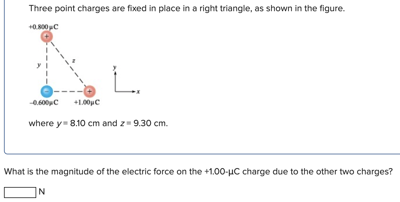 Three point charges are fixed in place in a right triangle, as shown in the figure. where y = 8.10 cm and z = 9.30 cm. What is the magnitude of the electric force on the +1.00−μC charge due to the other two charges?