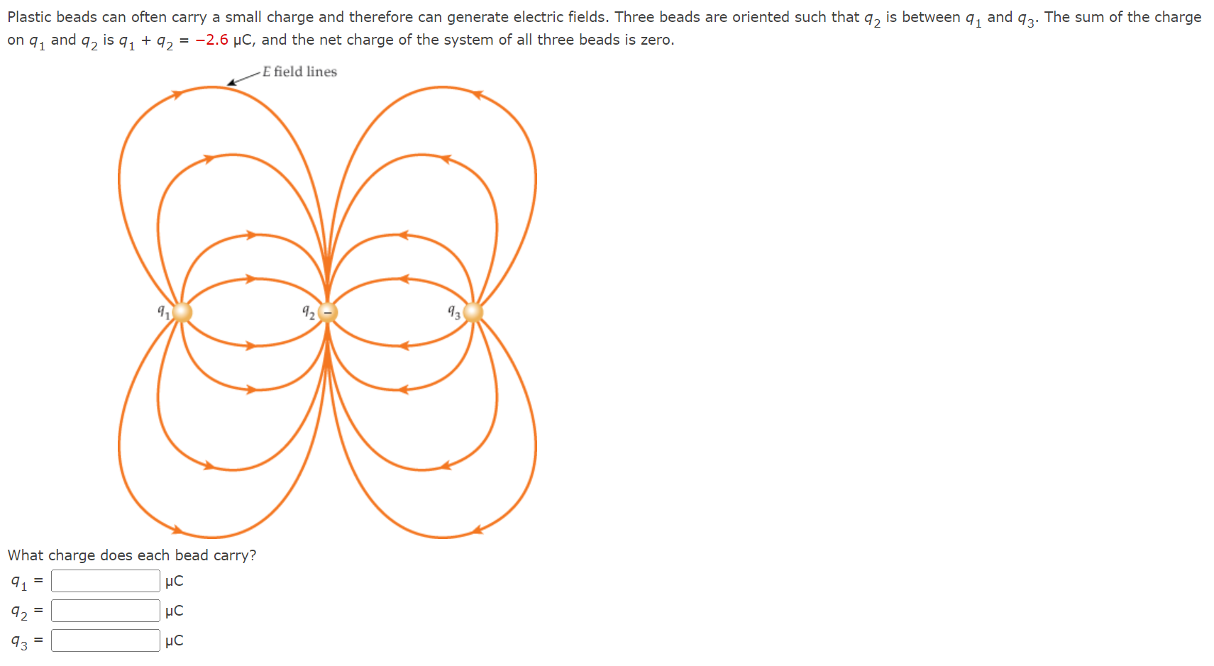 Plastic beads can often carry a small charge and therefore can generate electric fields. Three beads are oriented such that q2 is between q1 and q3. The sum of the charge on q1 and q2 is q1 + q2 = −2.6 μC, and the net charge of the system of all three beads is zero. What charge does each bead carry? q1 = μC q2 = μC q3 = μC