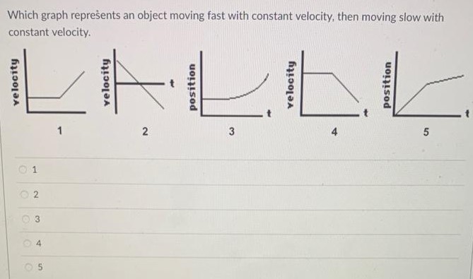 Which graph represents an object moving fast with constant velocity, then moving slow with constant velocity. 1 2 4 5