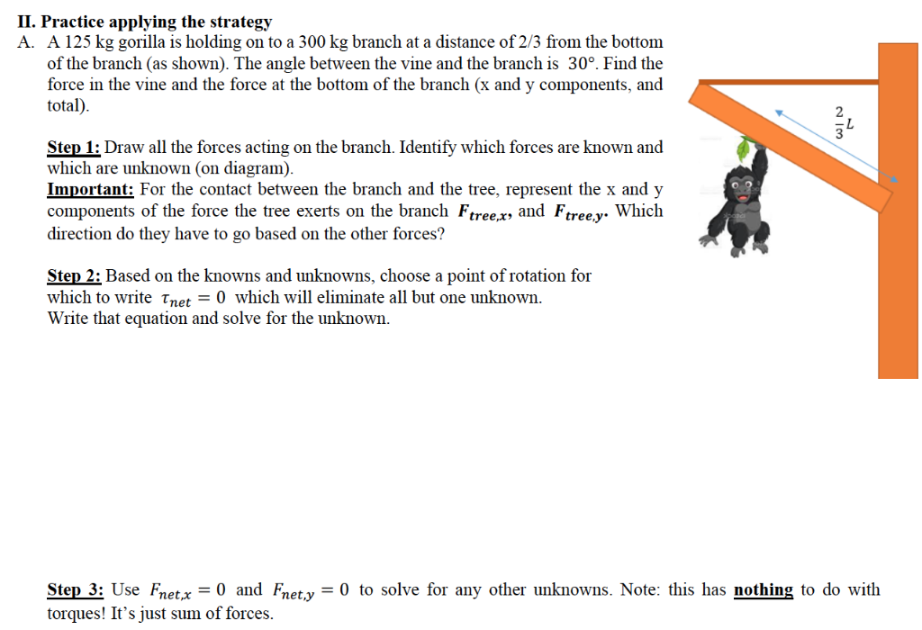 II. Practice applying the strategy A. A 125 kg gorilla is holding on to a 300 kg branch at a distance of 2/3 from the bottom of the branch (as shown). The angle between the vine and the branch is 30∘. Find the force in the vine and the force at the bottom of the branch ( x and y components, and total). Step 1: Draw all the forces acting on the branch. Identify which forces are known and which are unknown (on diagram). Important: For the contact between the branch and the tree, represent the x and y components of the force the tree exerts on the branch Ftree , x, and Ftree , y. Which direction do they have to go based on the other forces? Step 2: Based on the knowns and unknowns, choose a point of rotation for which to write τnet = 0 which will eliminate all but one unknown. Write that equation and solve for the unknown. Step 3: Use Fnet, x = 0 and Fnet, y = 0 to solve for any other unknowns. Note: this has nothing to do with torques! It's just sum of forces.