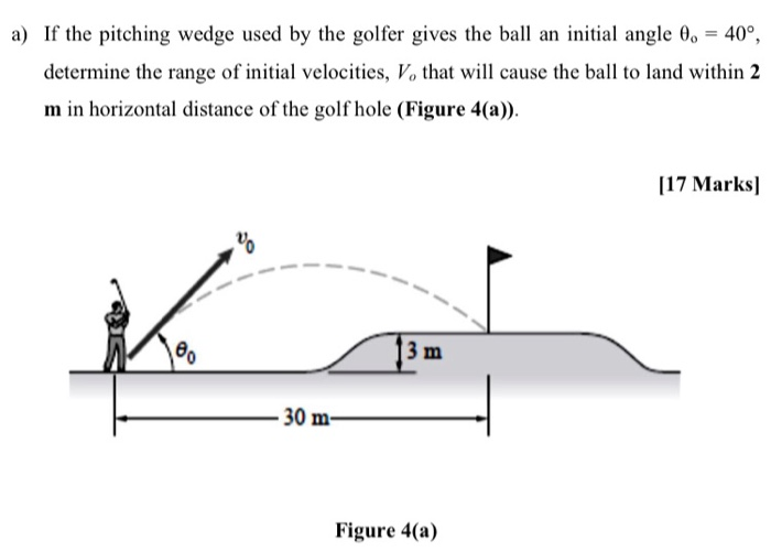 a) If the pitching wedge used by the golfer gives the ball an initial angle θo = 40∘, determine the range of initial velocities, Vo that will cause the ball to land within 2 m in horizontal distance of the golf hole (Figure 4(a)). [17 Marks] Figure 4(a)