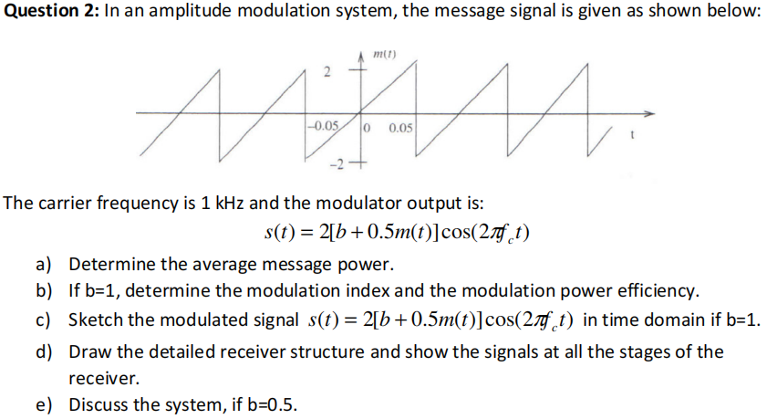 Question 2: In an amplitude modulation system, the message signal is given as shown below: The carrier frequency is 1 kHz and the modulator output is: s(t) = 2[b + 0.5 m(t)]cos⁡(2πfct) a) Determine the average message power. b) If b = 1, determine the modulation index and the modulation power efficiency. c) Sketch the modulated signal s(t) = 2[b + 0.5 m(t)]cos⁡(2πfct) in time domain if b = 1. d) Draw the detailed receiver structure and show the signals at all the stages of the receiver. e) Discuss the system, if b = 0.5.