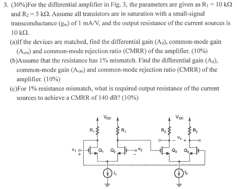 For the differential amplifier in Fig. 3, the parameters are given as R1 = 10 kΩ and R2 = 5 kΩ. Assume all transistors are in saturation with a small-signal transconductance (gm) of 1 mA/V, and the output resistance of the current sources is 10 kΩ. (a)If the devices are matched, find the differential gain (Ad), common-mode gain (Acm) and common-mode rejection ratio (CMRR) of the amplifier. (10%) (b)Assume that the resistance has 1% mismatch. Find the differential gain (Ad), common-mode gain (Acm) and common-mode rejection ratio (CMRR) of the amplifier. (10%) (c)For 1% resistance mismatch, what is required output resistance of the current sources to achieve a CMRR of 140 dB ? (10%) 