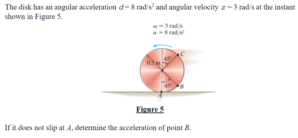 The disk has an angular acceleration d = 8 rad/s2 and angular velocity z = 3 rad/s at the instant shown in Figure 5. ω = 3 rad/s α = 8 rad/s2 Figure 5 If it does not slip at A, determine the acceleration of point B.