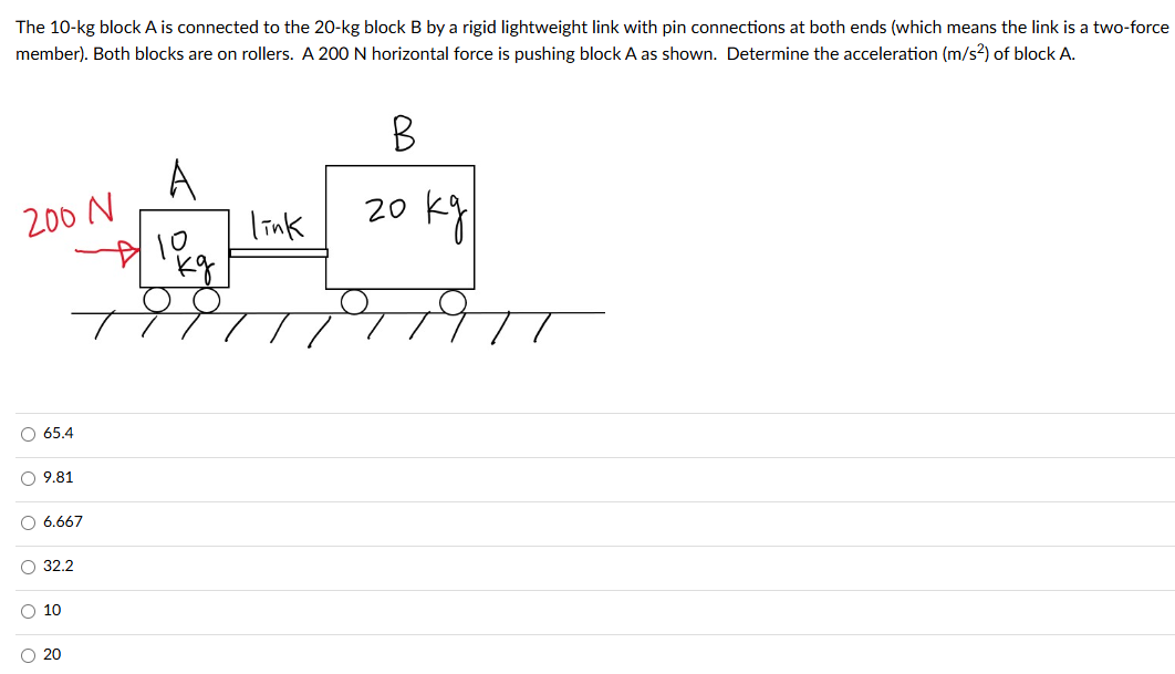 The 10-kg block A is connected to the 20-kg block B by a rigid lightweight link with pin connections at both ends (which means the link is a two-force member). Both blocks are on rollers. A 200 N horizontal force is pushing block A as shown. Determine the acceleration (m/s2) of block A. 65.4 9.81 6.667 32.2 10 20