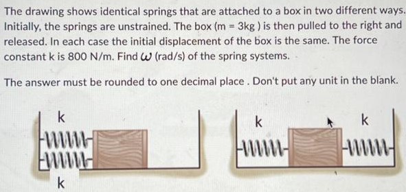 The drawing shows identical springs that are attached to a box in two different ways. Initially, the springs are unstrained. The box (m = 3 kg) is then pulled to the right and released. In each case the initial displacement of the box is the same. The force constant k is 800 N/m. Find ω (rad/s) of the spring systems. The answer must be rounded to one decimal place. Don't put any unit in the blank.