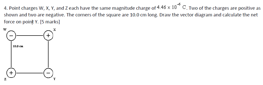 Point charges W, X, Y, and Z each have the same magnitude charge of 4.46×10−6 C. Two of the charges are positive as shown and two are negative. The corners of the square are 10.0 cm long. Draw the vector diagram and calculate the net force on point Y. [5 marks]