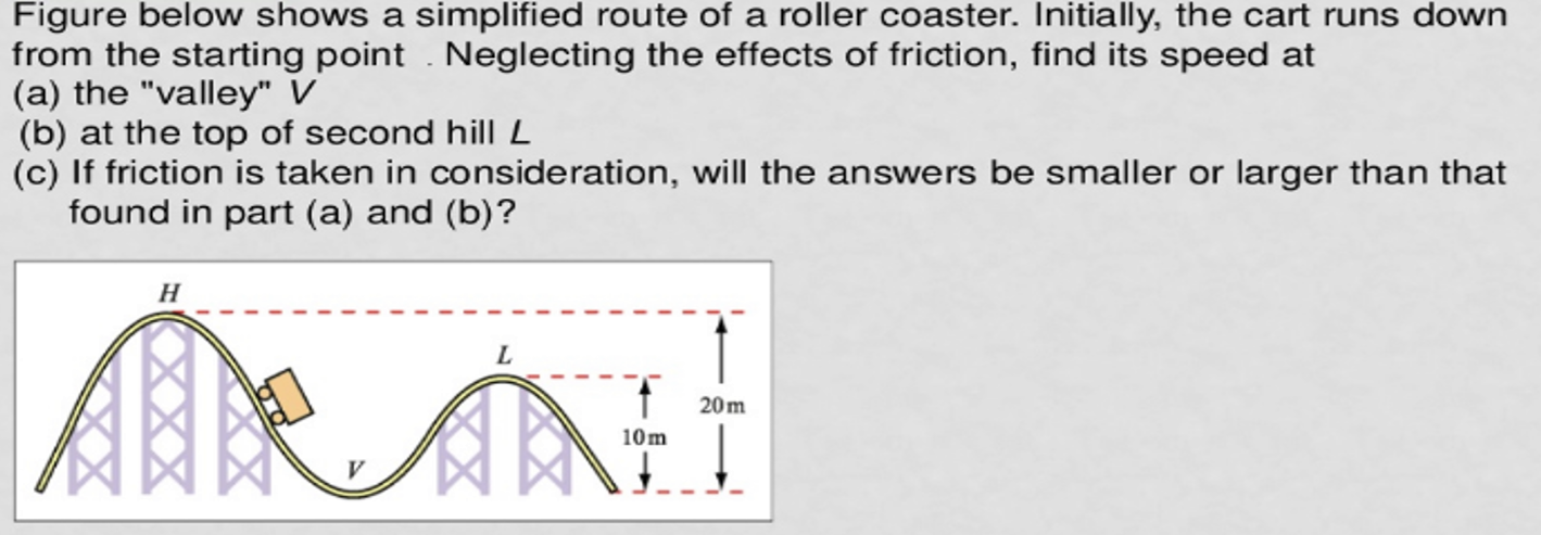 Figure below shows a simplified route of a roller coaster. Initially, the cart runs down from the starting point. Neglecting the effects of friction, find its speed at (a) the "valley" V (b) at the top of second hill L (c) If friction is taken in consideration, will the answers be smaller or larger than that found in part (a) and (b)?