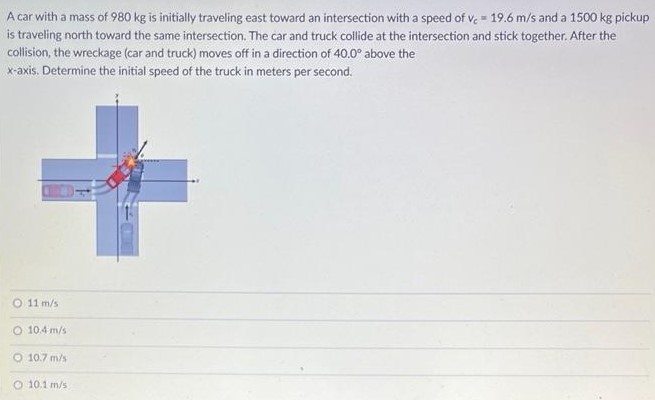 A car with a mass of 980 kg is initially traveling east toward an intersection with a speed of vc = 19.6 m/s and a 1500 kg pickup is traveling north toward the same intersection. The car and truck collide at the intersection and stick together. After the collision, the wreckage (car and truck) moves off in a direction of 40.0∘ above the x-axis. Determine the initial speed of the truck in meters per second. 11 m/s 10.4 m/s 10.7 m/s 10.1 m/s