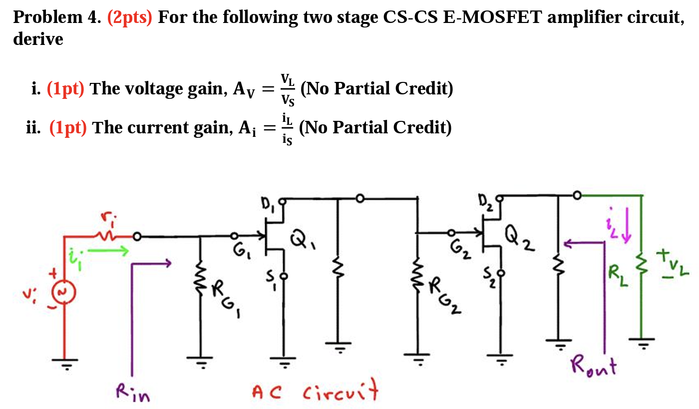 For the following two stage CS-CS E-MOSFET amplifier circuit, derive i. (1 pt) The voltage gain, AV = VL VS (No Partial Credit) ii. (1 pt) The current gain, Ai = iL is (No Partial Credit)