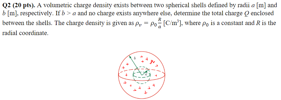 A volumetric charge density exists between two spherical shells defined by radii a [m] and b [m], respectively. If b > a and no charge exists anywhere else, determine the total charge Q enclosed between the shells. The charge density is given as ρv = ρ0R/a [C/m3], where ρ0 is a constant and R is the radial coordinate.