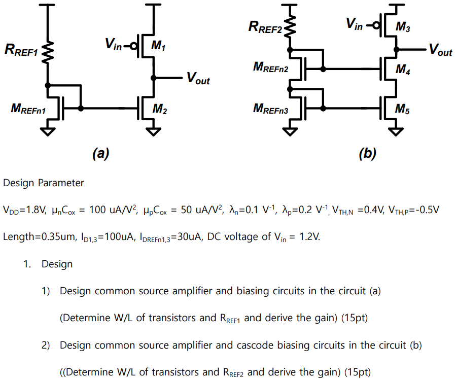 Design Parameter VDD = 1.8 V, μnCox = 100 uA/V2, μpCox = 50 uA/V2, λn = 0.1 V−1, λp = 0.2 V−1, VTH, N = 0.4 V, VTH, P = −0.5 V Length = 0.35 um, ID1, 3 = 100 uA, IDREFn 1, 3 = 30 uA, DC voltage of Vin = 1.2 V. Design 1) Design common source amplifier and biasing circuits in the circuit (a) (Determine W/L of transistors and RREF1 and derive the gain) (15 pt) 2) Design common source amplifier and cascode biasing circuits in the circuit (b) (Determine W/L of transistors and RREF2 and derive the gain) (15 pt)