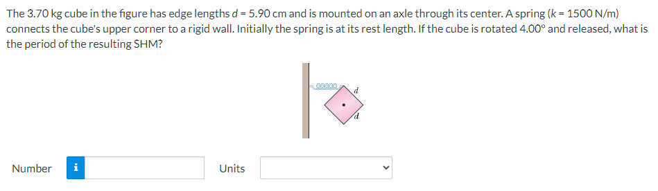 The 3.70 kg cube in the figure has edge lengths d = 5.90 cm and is mounted on an axle through its center. A spring (k = 1500 N/m) connects the cube's upper corner to a rigid wall. Initially the spring is at its rest length. If the cube is rotated 4.00∘ and released, what is the period of the resulting SHM? Number Units