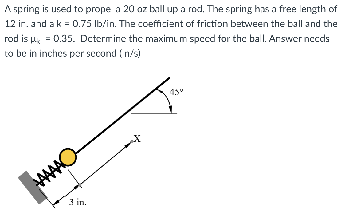 A spring is used to propel a 20 oz ball up a rod. The spring has a free length of 12 in. and ak = 0.75 lb/in. The coefficient of friction between the ball and the rod is μk = 0.35. Determine the maximum speed for the ball. Answer needs to be in inches per second (in/s)