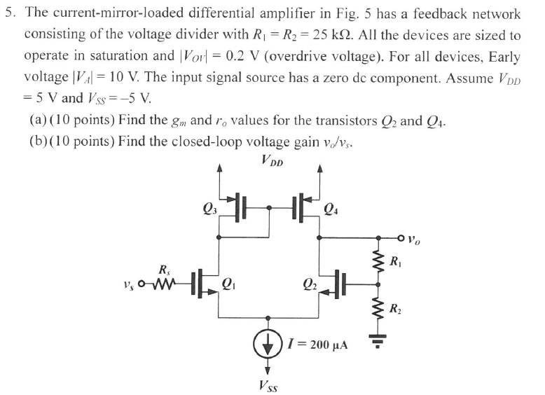 The current-mirror-loaded differential amplifier in Fig. 5 has a feedback network consisting of the voltage divider with R1 = R2 = 25 kΩ. All the devices are sized to operate in saturation and |VOV| = 0.2 V (overdrive voltage). For all devices, Early voltage |VA| = 10 V. The input signal source has a zero dc component. Assume VDD = 5 V and VSS = −5 V. (a) (10 points) Find the gm and ro values for the transistors Q2 and Q4. (b) (10 points) Find the closed-loop voltage gain vo/vs.
