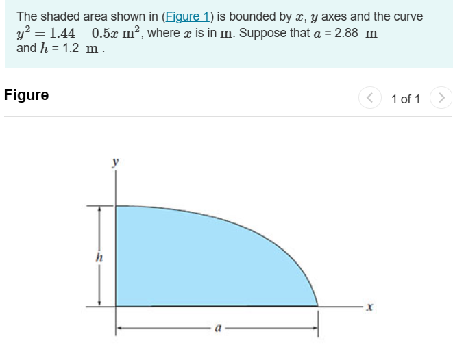 The shaded area shown in (Figure 1) is bounded by x, y axes and the curve y2 = 1.44 − 0.5 x m2, where x is in m. Suppose that a = 2.88 m and h = 1.2 m. Figure 1 of 1