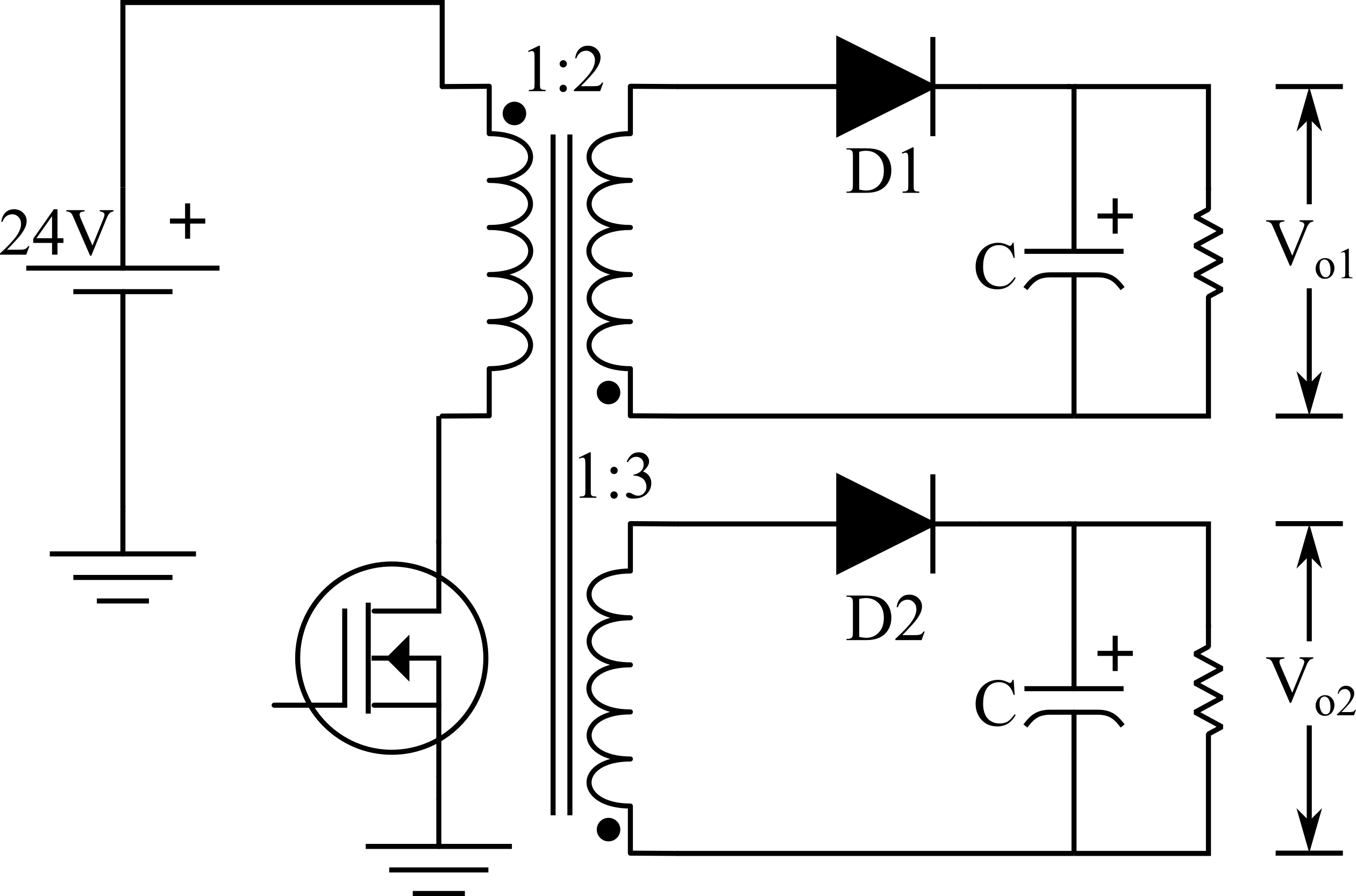 Below figure shows a schematic circuit of multi-winding flyback DC-DC converter. What are the values of output voltages Vo1 and Vo2 respectively, at a given duty ratio of 0.6? (Consider the components as ideal and diodes as identical). What is the peak voltage stress across the switch in the circuit ? What is the peak inverse voltage stress across the diode, D1 of the circuit